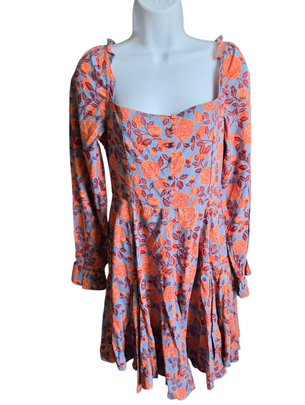 Rock & Roll Denim Orange Blue Floral Long Sleeve Square Neck Mini Dress - Size M